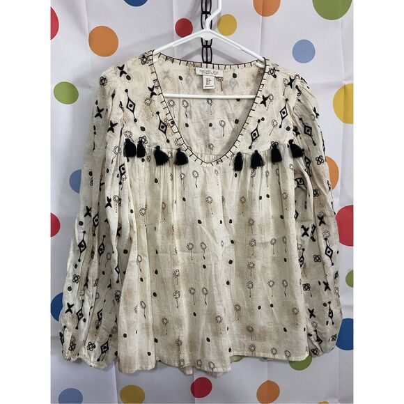 NEW Rachel Zoe Boho Peasant Style Top Beiges & Black Tassels Size Small ❤️🌿 - Picture 1 of 11